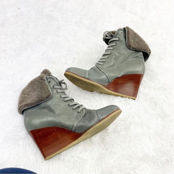 Barbara Bui Shearling Foldover Lace Up Leather Wedge Booties - Picture 5 of 8